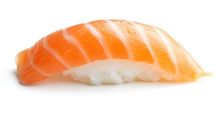 Photograph of a single, raw salmon nigiri slice with visible orange flesh and a white rice bed.