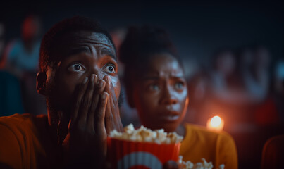 Horror movie. Scared black man and woman watching a movie in a theater with a box of popcorn.