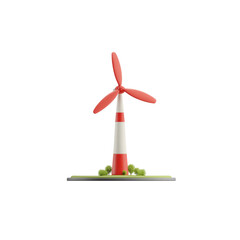 A simple cartoon-styled wind turbine with a red rotor, a white and red column, and a green base with small bushes