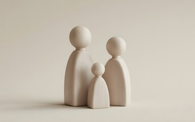 Minimalist wooden family figurines representing parenthood unity and love on a neutral background