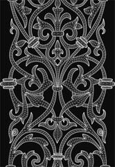 Ornate black and white lace pattern with intricate decorative details on a dark background. The free printable design features elaborate swirls, floral motifs, and delicate linework.