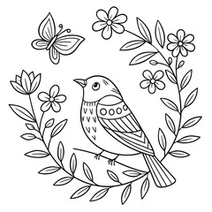 a bird and butterfly coloring page

