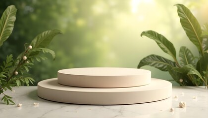 Beige podium with green leaves and sunlight