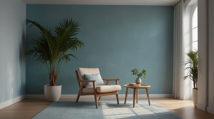 Serene living space showcases a minimalist armchair, wooden table, and vibrant potted plants against a teal wall.