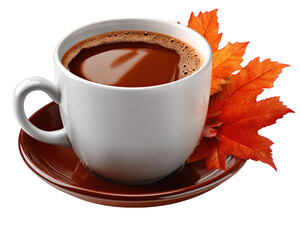 White ceramic coffee cup filled with hot coffee on brown saucer, decorated with vibrant orange autumn leaves, isolated on transparency background, cozy and inviting