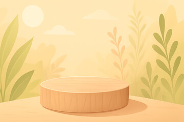 Wooden podium with yellow leaf pattern background