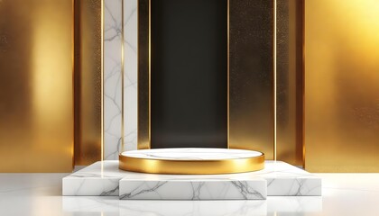 Gold podium with black and gold geometric wall