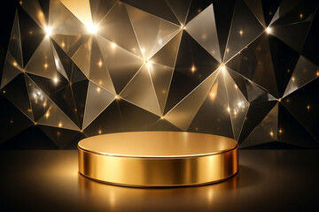 Gold podium with black geometric background	