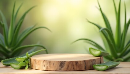 Wooden podium with green plant and soft light