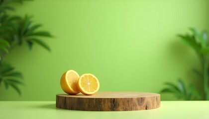 Wooden podium with lemon and green leaves