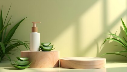 Skincare product on wooden table with green leaves