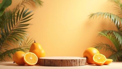 Wooden podium with orange and green leaves