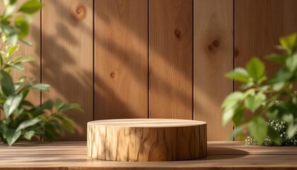 Wooden stage with sunlight and wooden wall