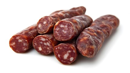 Photograph of several sausages, specifically salami, arranged on a white background.