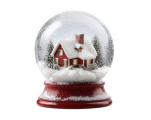 Snow globe with cozy red house snowy trees winter scene festive holiday decoration glass ball white snow cheerful atmosphere Christmas ornament seasonal home decor