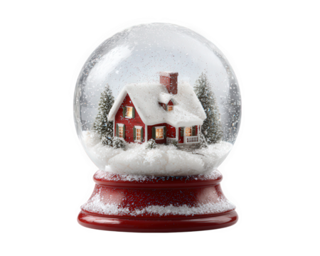 Snow globe with cozy red house snowy trees winter scene festive holiday decoration glass ball white snow cheerful atmosphere Christmas ornament seasonal home decor