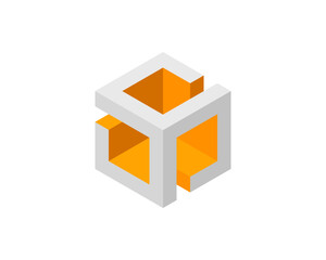 Abstract isometric cube design.  Modern, minimalist style with grey and orange color scheme.  Perfect for technology, architecture, or corporate branding.