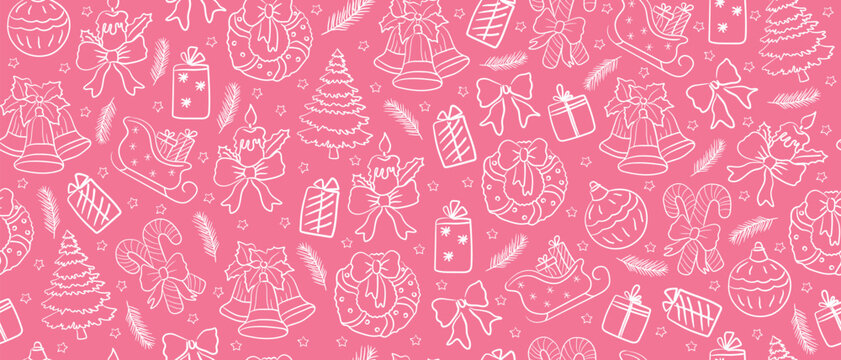 Hand drawn pink Christmas seamless pattern with holiday elements. Festive background for wrapping paper, textile, or seasonal design.