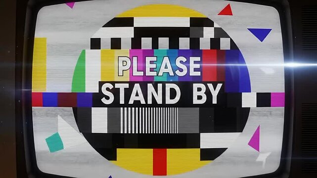 A retro TV test card with a 'Please Stand By' message and glitchy static.
