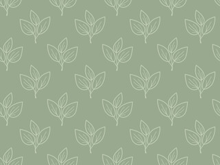 Elegant sage green seamless pattern featuring a delicate, minimalist leaf motif. Perfect for textile design, wallpaper, packaging, or website backgrounds.