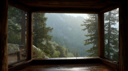 Looking out of rustic cabin window at heavy rain