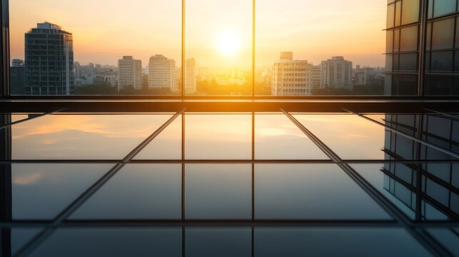 Modern architectural glass structure illuminated by warm sunset light with geometric patterns, sleek reflective surfaces, minimalist design, conveying innovation and tranquility