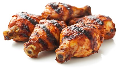 Photograph of five grilled chicken drumsticks arranged on a white surface, glistening with glaze.