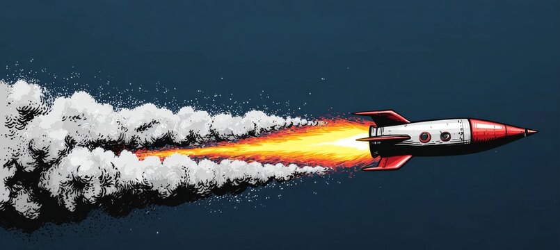 Retro rocket launching with vibrant jet fire and clouds, embarking on thrilling adventures ahead.