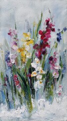 Vibrant Floral Painting of Multicolored Flowers on Canvas