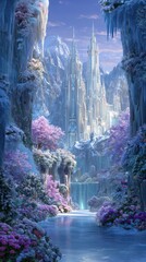 Enchanted Ice Castle Surrounded by Floral Beauty and Majestic Mountains