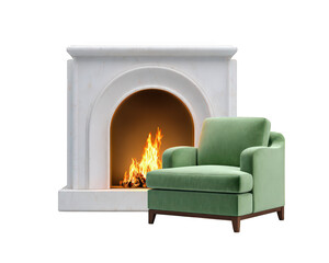 Modern fireplace green armchair cozy living room marble fire relaxation comfort home interior contemporary warmth