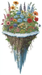 Colorful Floral Island with Bright Flowers and Iceberg Base