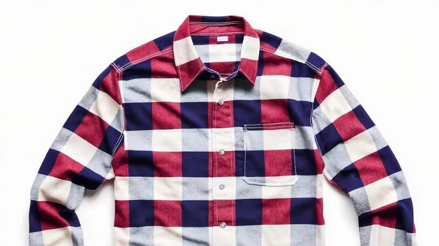A flannel shirt featuring a bold checkered pattern in red, navy, and white colors.