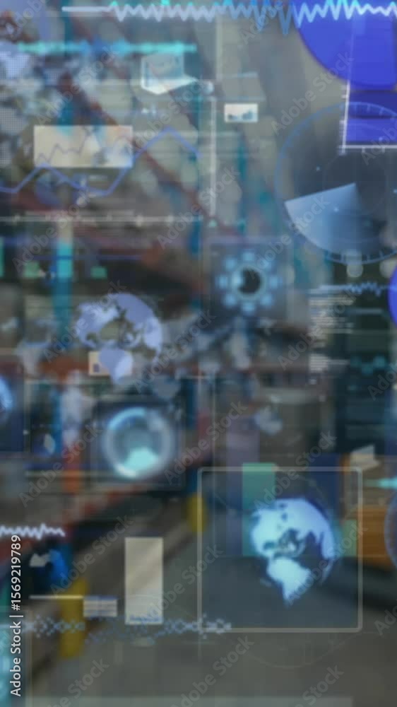 Poster animation of data processing with scope scanning over warehouse