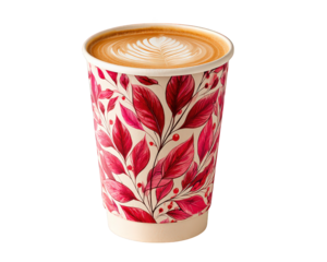 Pumpkin spice latte takeaway cup with latte art, decorated with red leaf pattern, isolated on transparency background, autumn seasonal drink, cozy and inviting mood