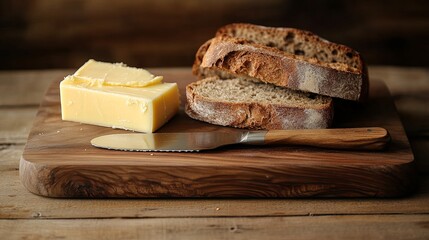Cutting board with bread and butter knife.