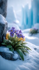 Colorful Flowers Blooming Amidst Snowy Ice Landscape in Spring