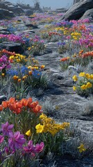 Vibrant Flower Pathway Through Rocky Landscape in Springtime Bloom