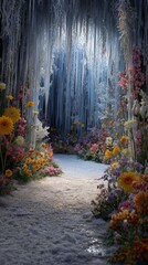 Enchanted Frozen Pathway with Colorful Flowers and Ice