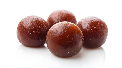 Photograph of four glistening, dark brown fudge balls resting on a white surface with a soft reflection.