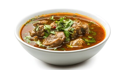 Photograph of a white bowl containing lamb curry with cilantro garnish.