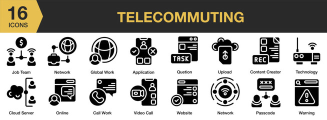 Telecommuting solid icon set. Includes technology, internet, office, freelance, communication, and More. Solid icons vector collection.