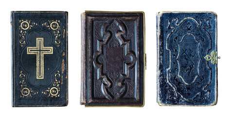 Old skin book covers isolate on white background. Set collection old book covers. Abstract vintage decorations 19th century.