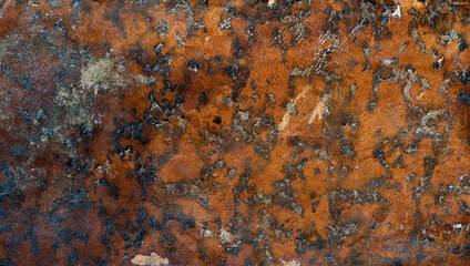 Old leather background. Fragment of a leather cover of an old book from the 18th century. Retro background on the theme of vintage, history, antiques.