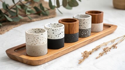 A collection of stylish ceramic and wooden shot glasses arranged on a wooden tray with decorative greenery and dried flowers