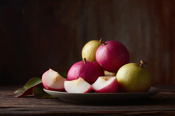 Dramatic still life of exotic fruits on a rustic plate and wooden surface. A vibrant, healthy food concept ideal for nutrition, culinary, or lifestyle content.