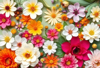 Assorted floral blooms in digital paper cut style, flat lay , autumn, pastel