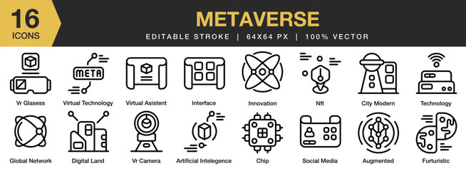 Metaverse icon set. Editable Stroke Icon Collection. Includes technology, digital, metaverse, futuristic, virtual, and More. Outline icons vector collection.