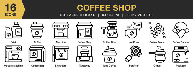 Coffee Shop icon set. Editable Stroke Icon Collection. Includes cafe, coffee, shop, drink, restaurant, business, and More. Outline icons vector collection.
