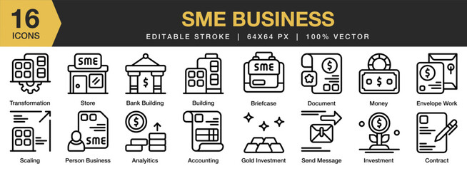 Sme Business icon set. Editable Stroke Icon Collection. Includes business, sme, entrepreneur, store, shop, and More. Outline icons vector collection.